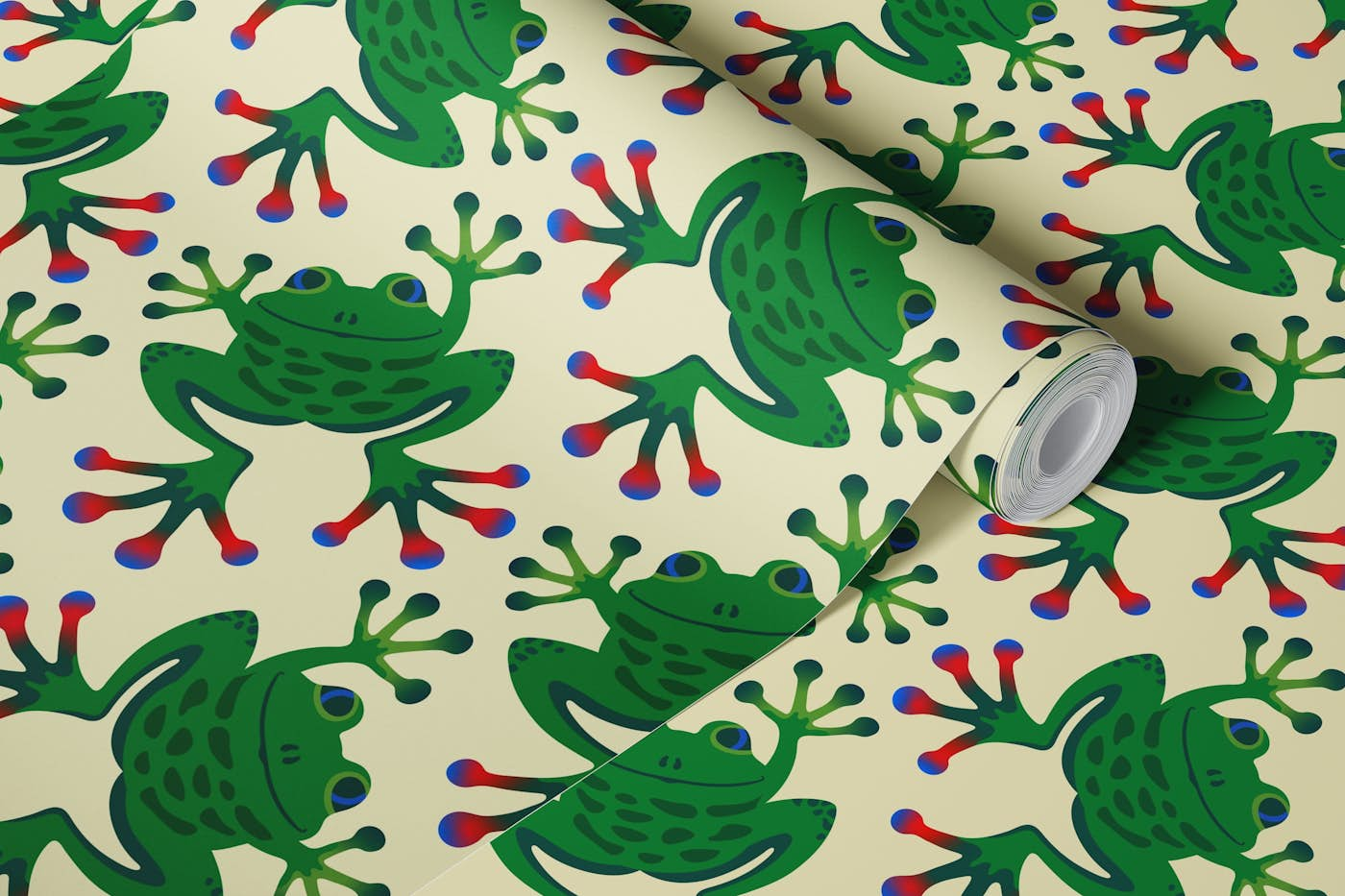 FROGGY SAYS HELLO Cute Green Frog Kids Cream wallpaper roll