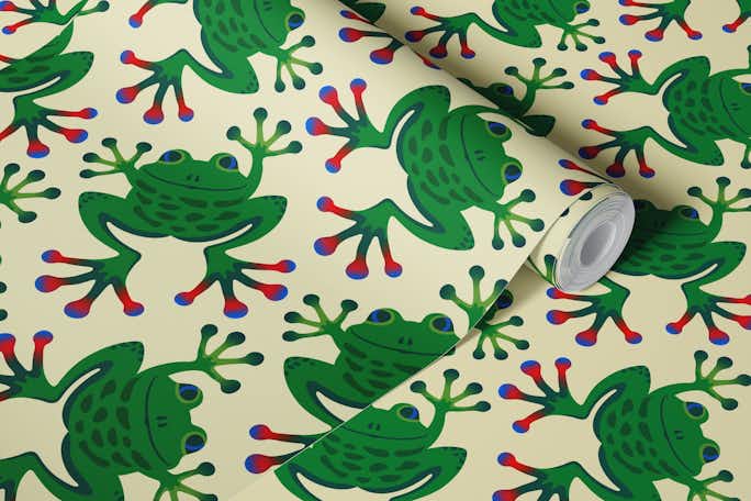 FROGGY SAYS HELLO Cute Green Frog Kids Creamwallpaper roll