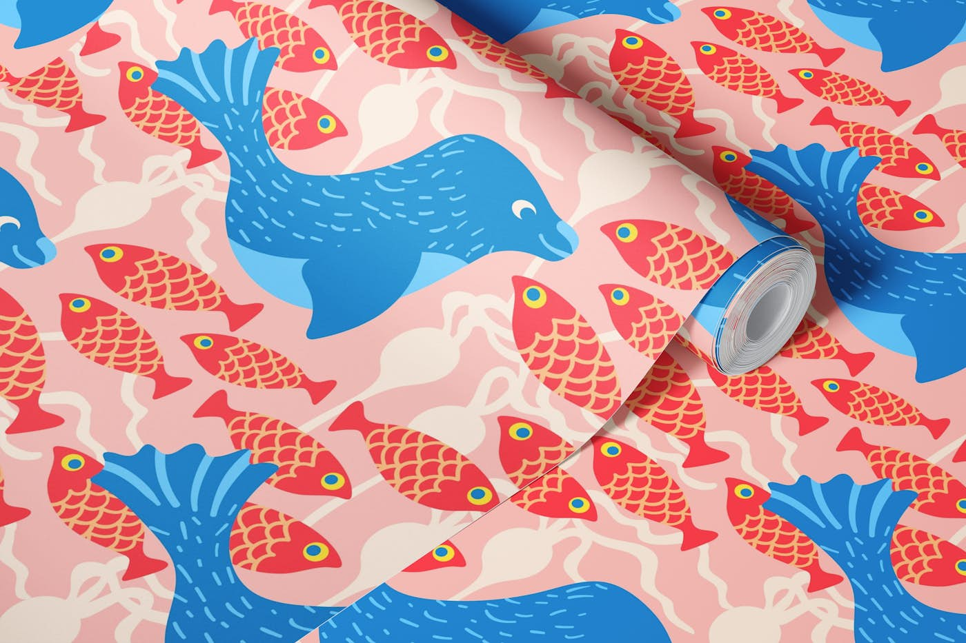 FRIENDLY SEAL Cute Coast Ocean Fish Blue Red wallpaper roll