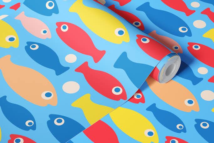 SCHOOL-O-FISH Cute Swimming Ocean Fish Bluewallpaper roll