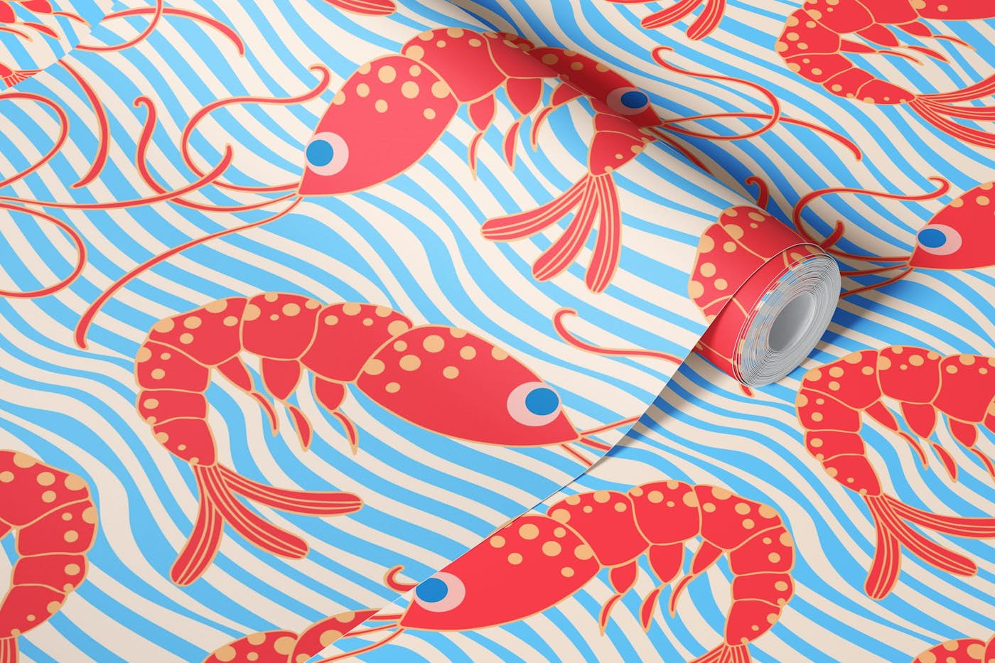 SHRIMPS Coastal Seafood Sea Red Blue Large wallpaper roll