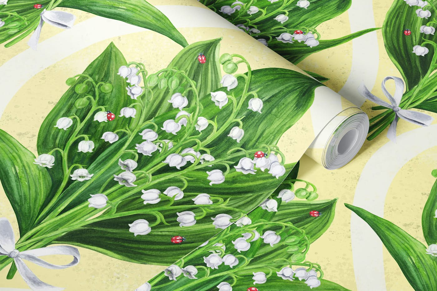 Bouquet of lilly of the valley on yellow wallpaper roll