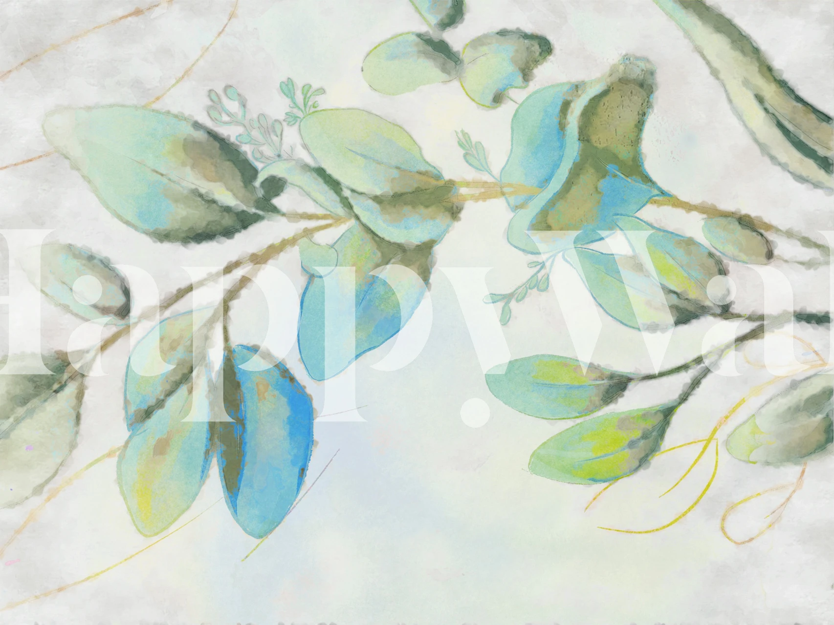 Eucalyptus leaves painted in blue and green tones on soft background wallpaper