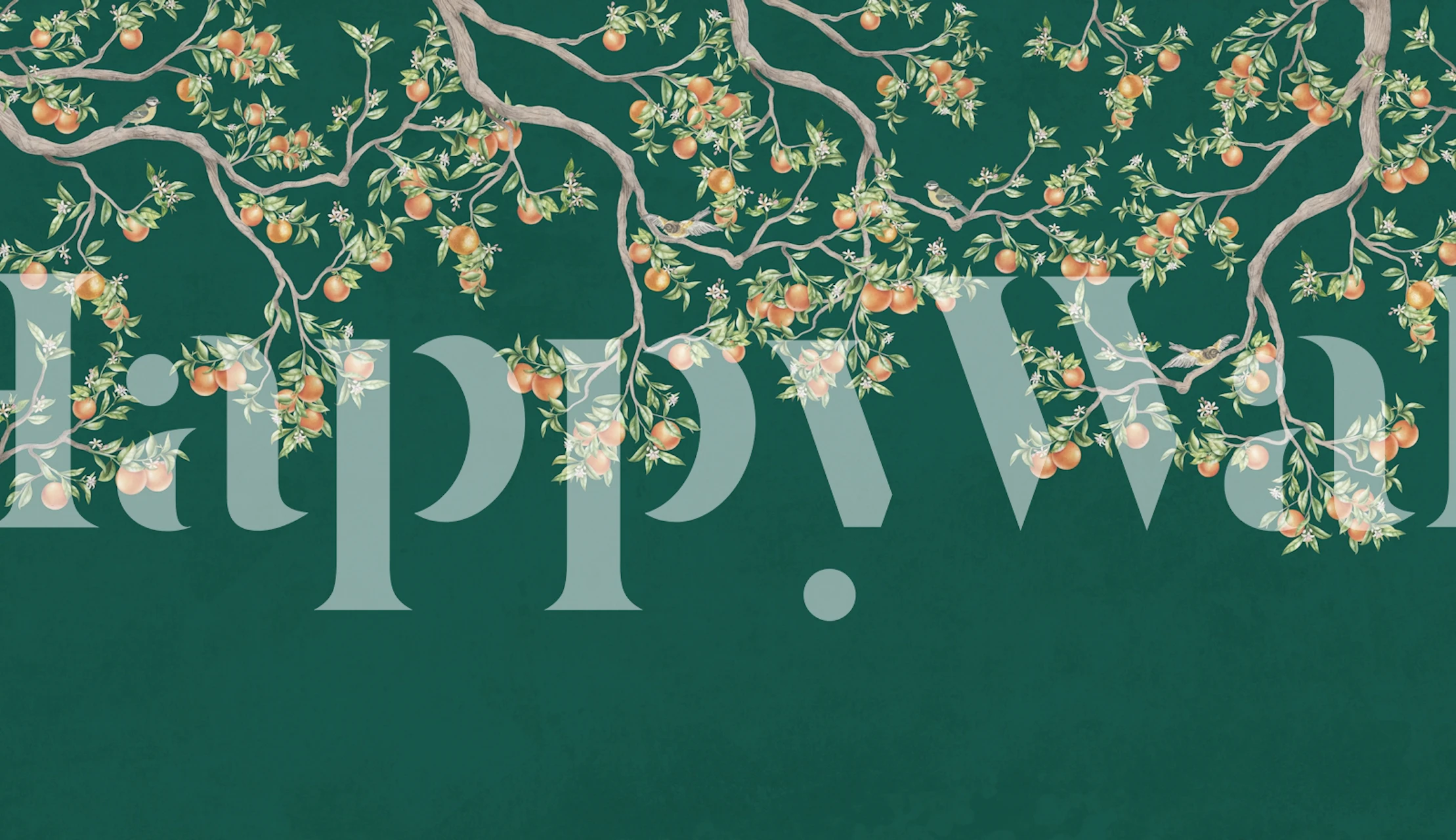 Mörk smaragdbakgrund med vidsträckt tangerinblomningsmönster väggmålning.