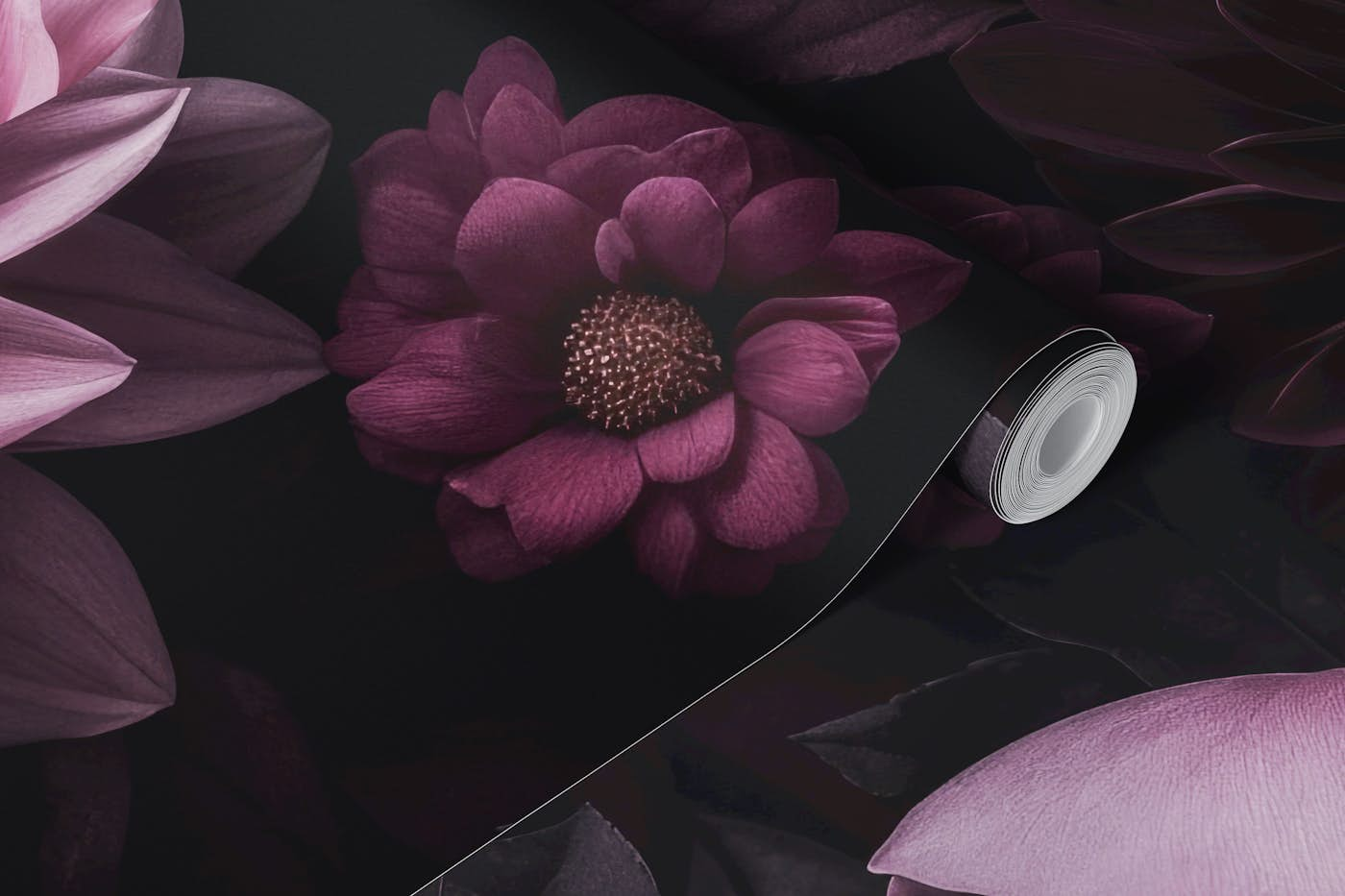 Dark Moody Pink Dahlias And Peonies wallpaper roll