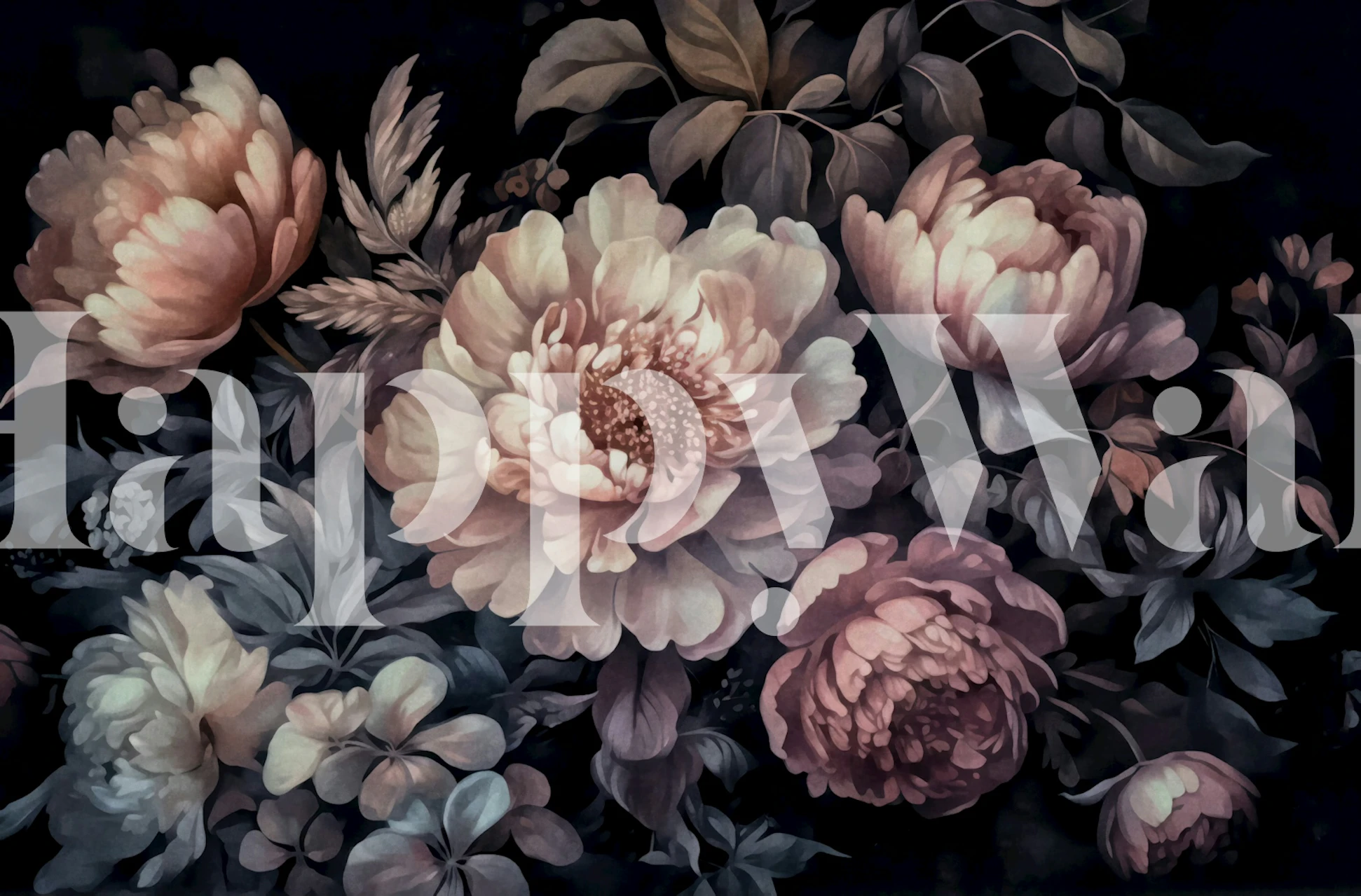 Moody floral wallpaper featuring soft pink flowers, dark leaves, and a black background