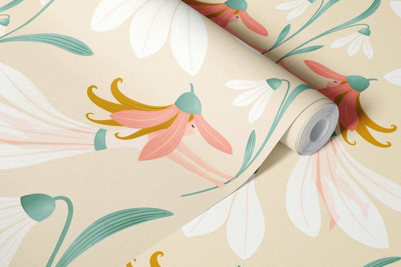 Fairies and Flowers beige wallpaper roll