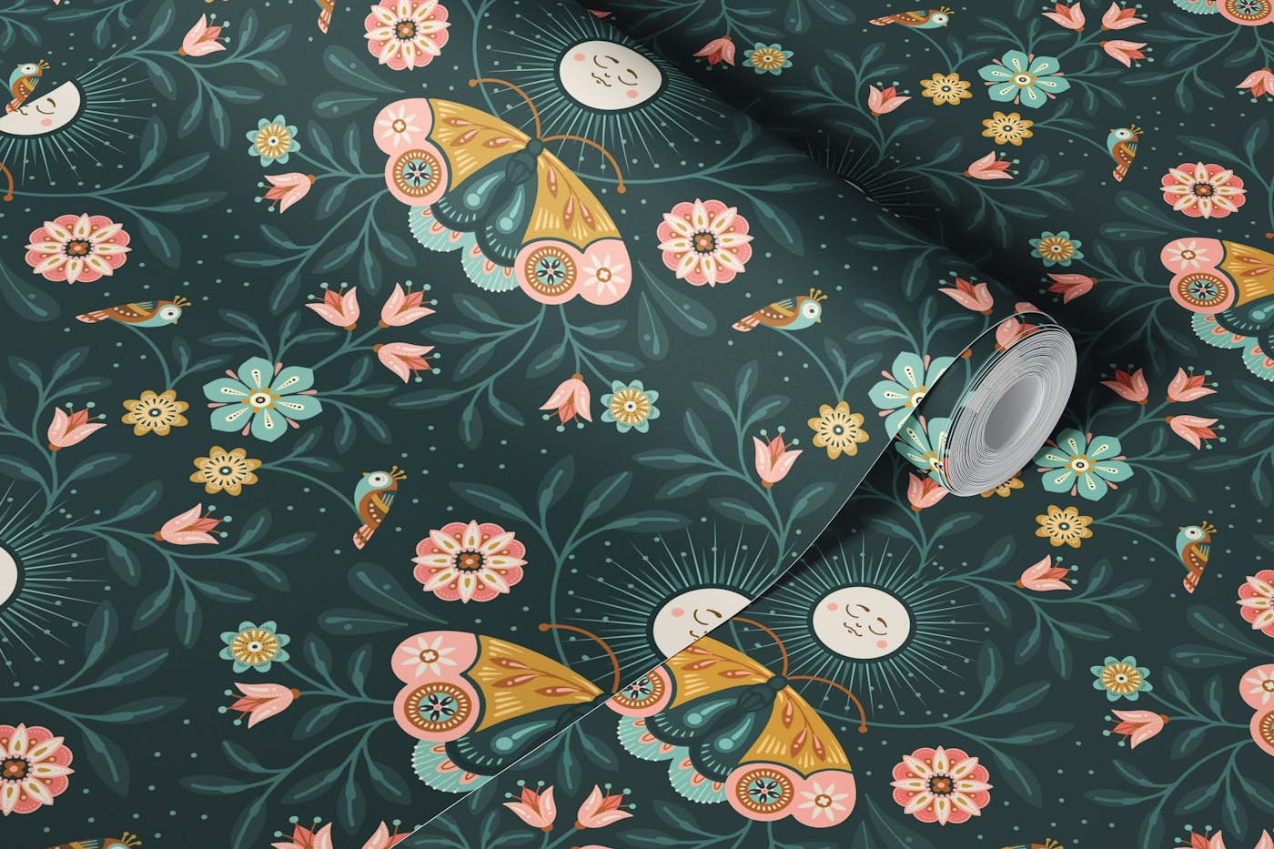 Lunar Moth Meadow, forestgreen wallpaper roll