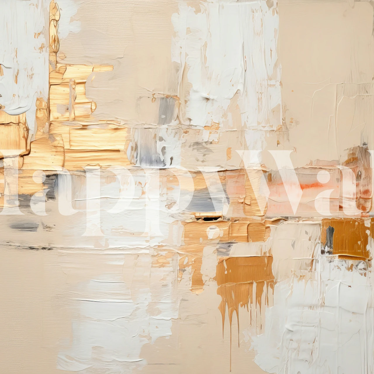 Abstrakti seinämaalaus kermanvalkoisilla, täyteläisillä kullan sävyillä ja poskipunasävyillä ilmeikkäillä siveltimen vedoilla.