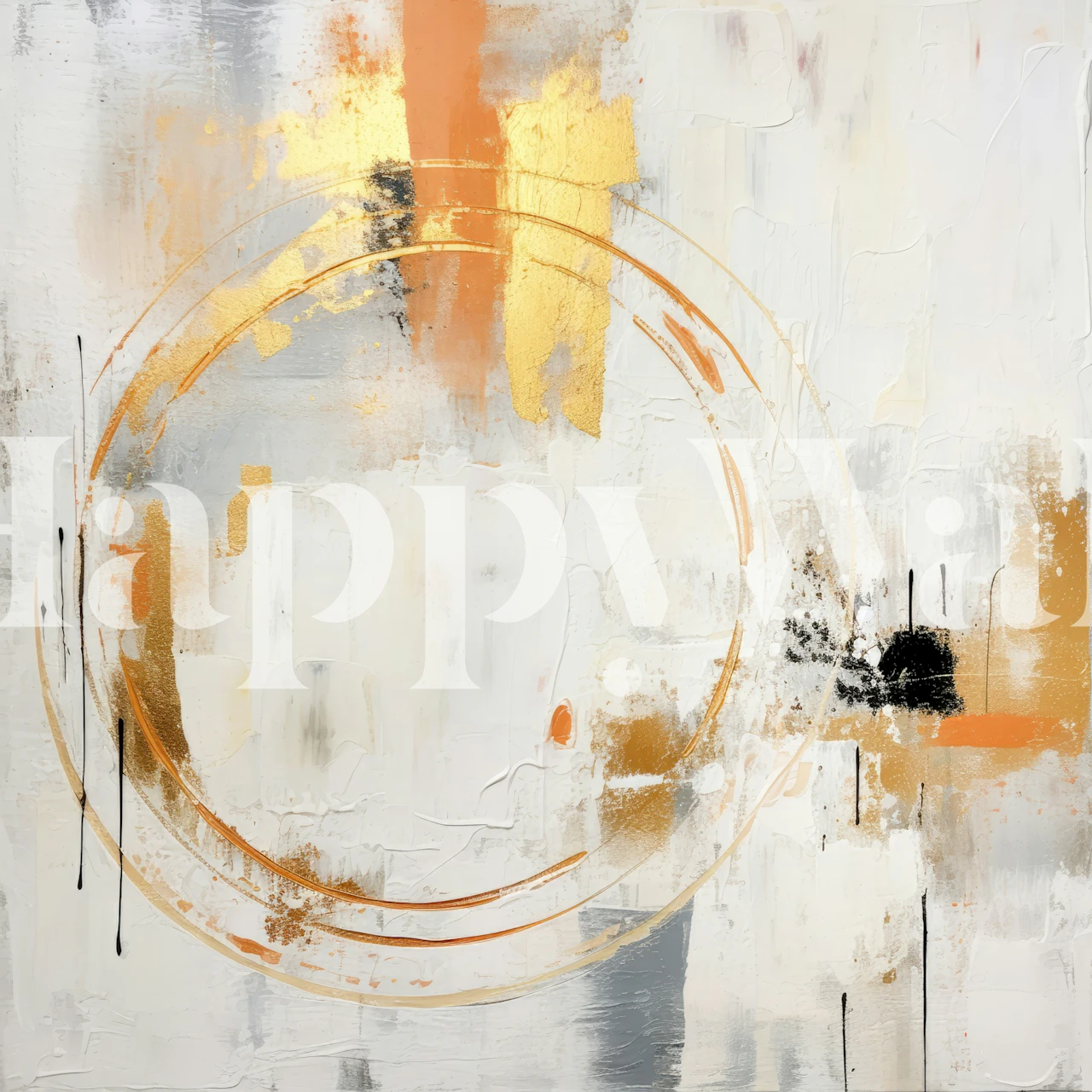 Papier peint abstrait avec des motifs cerclés or, noir et blanc