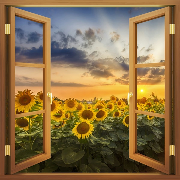 View of sunflowers at sunset