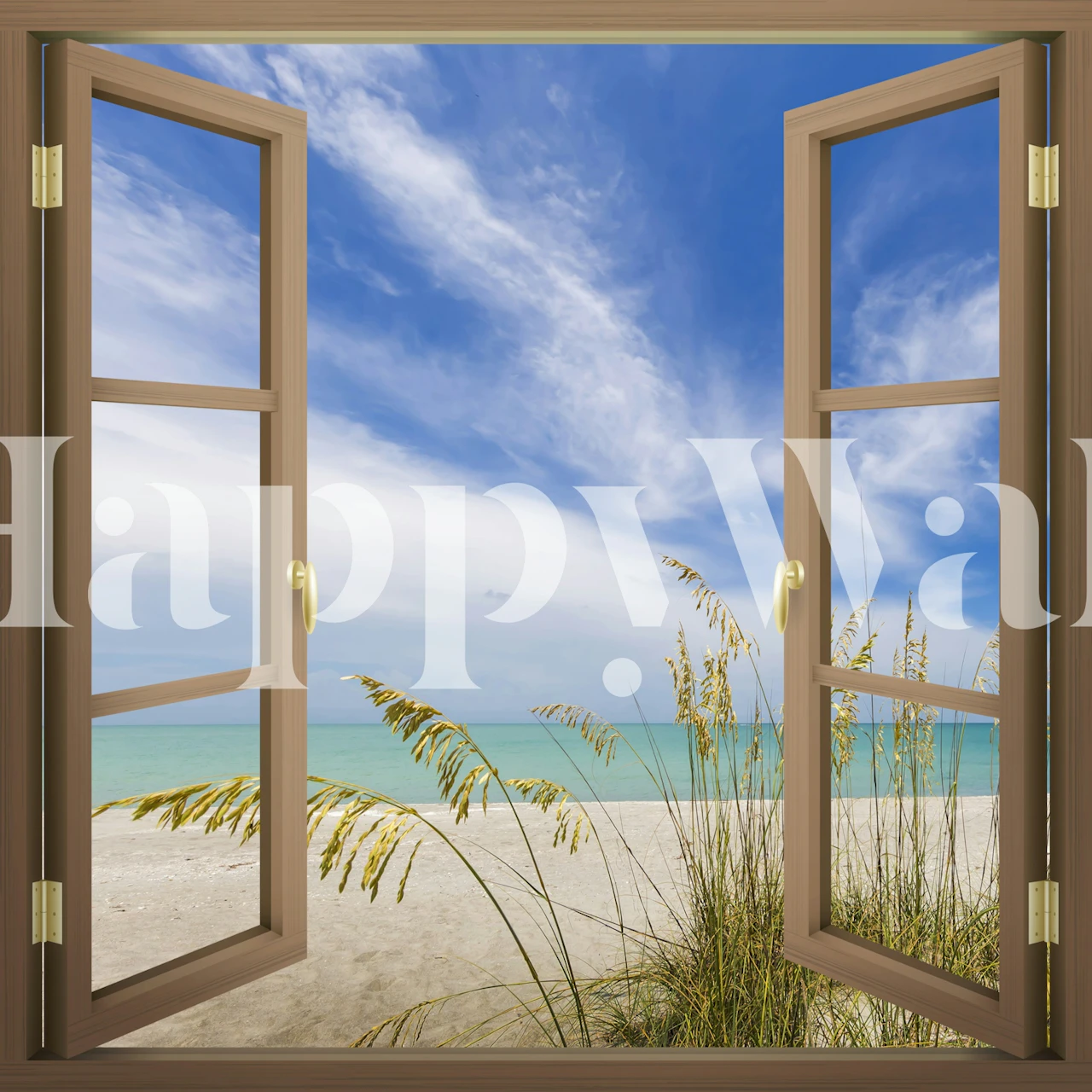 Strandutsikt tapet med åpne vinduer
