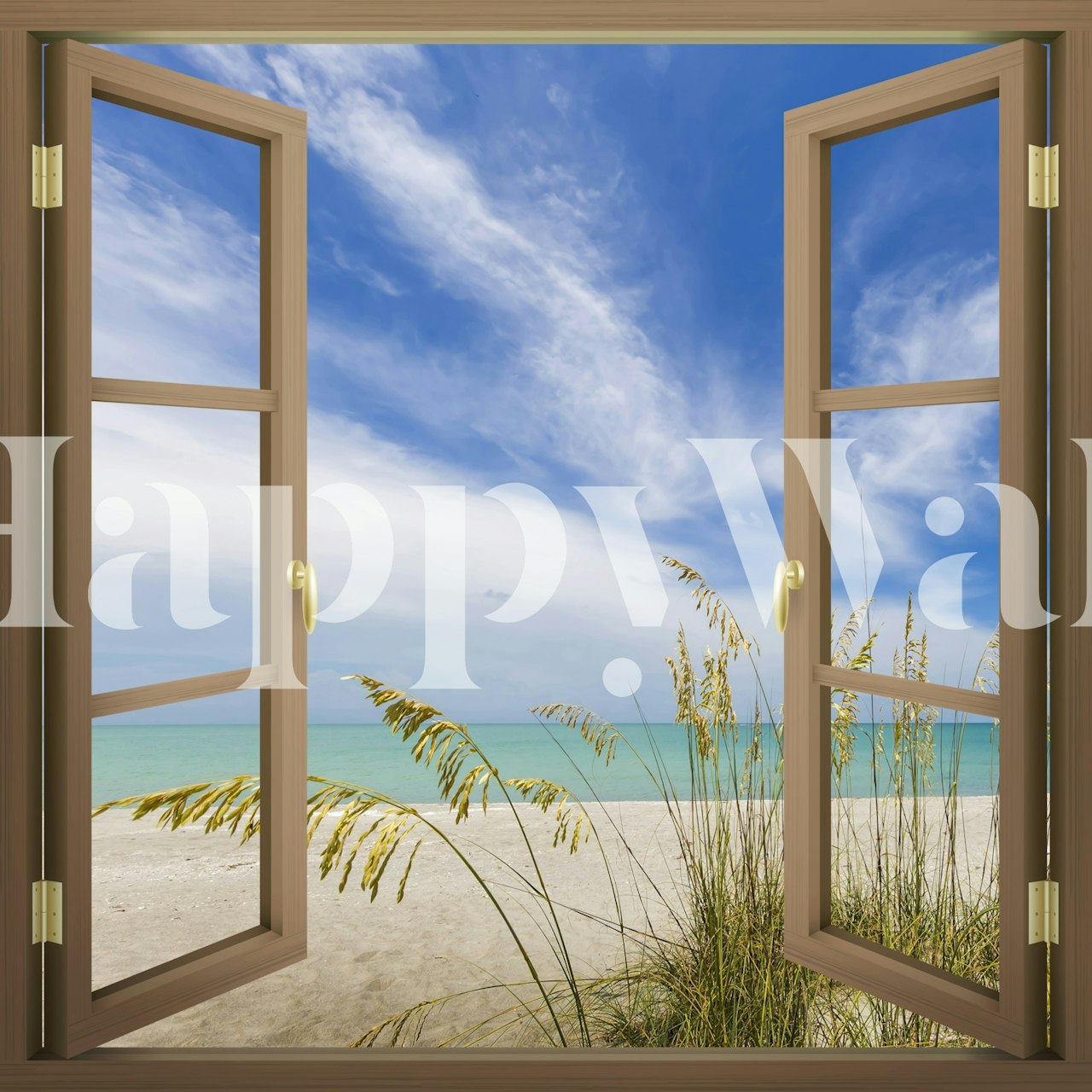 Beach view through window with blue sky, sand, and grass wallpaper