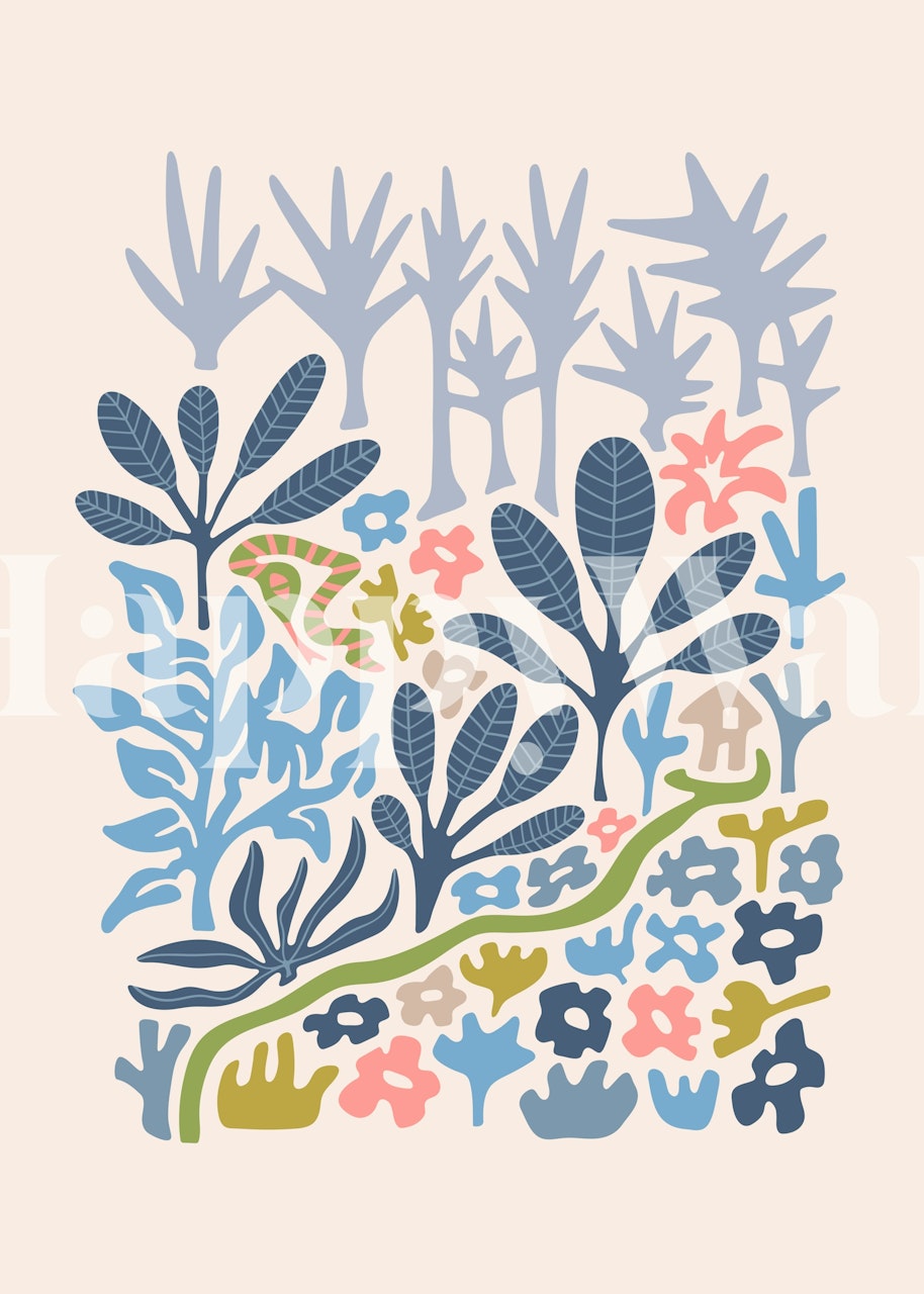 Tropical retro jungle wall mural showcasing stylized foliage and floral patterns with a hidden snake element