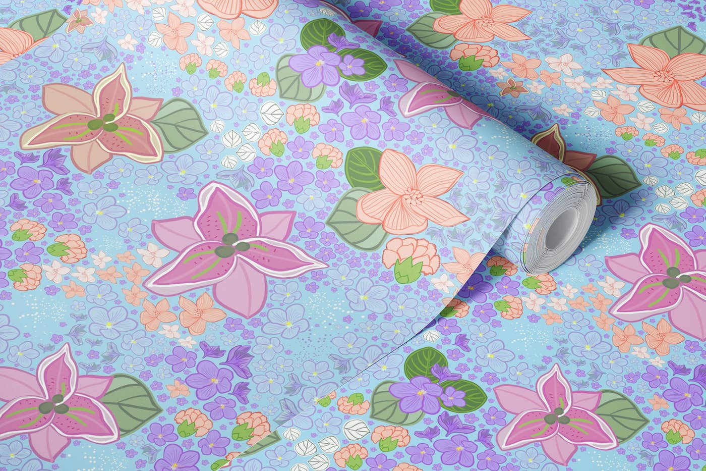 Violet flower ditsy pattern wallpaper roll