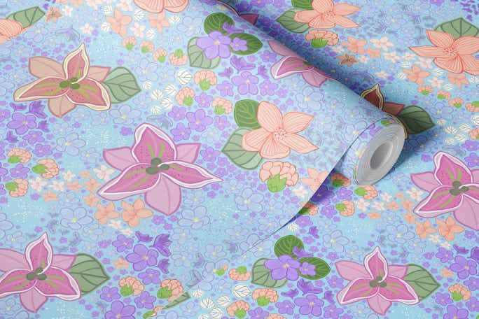 Violet flower ditsy patternwallpaper roll