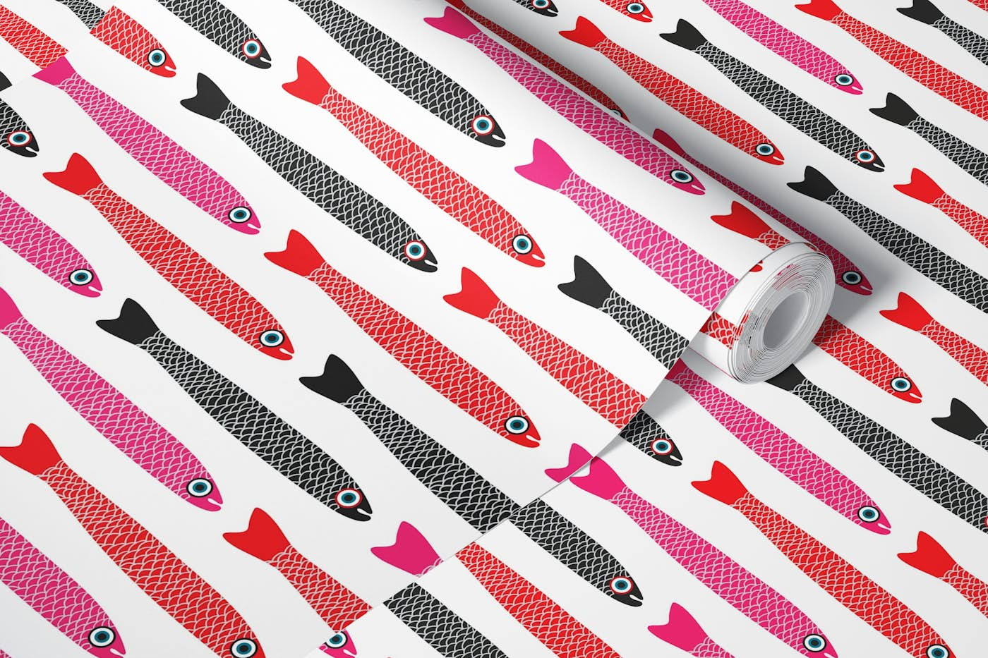 ANCHOVIES Retro Fish Horizontal White wallpaper roll