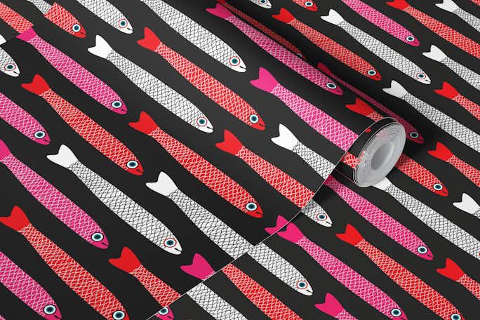 ANCHOVIES Retro Fish Horizontal Blackwallpaper roll