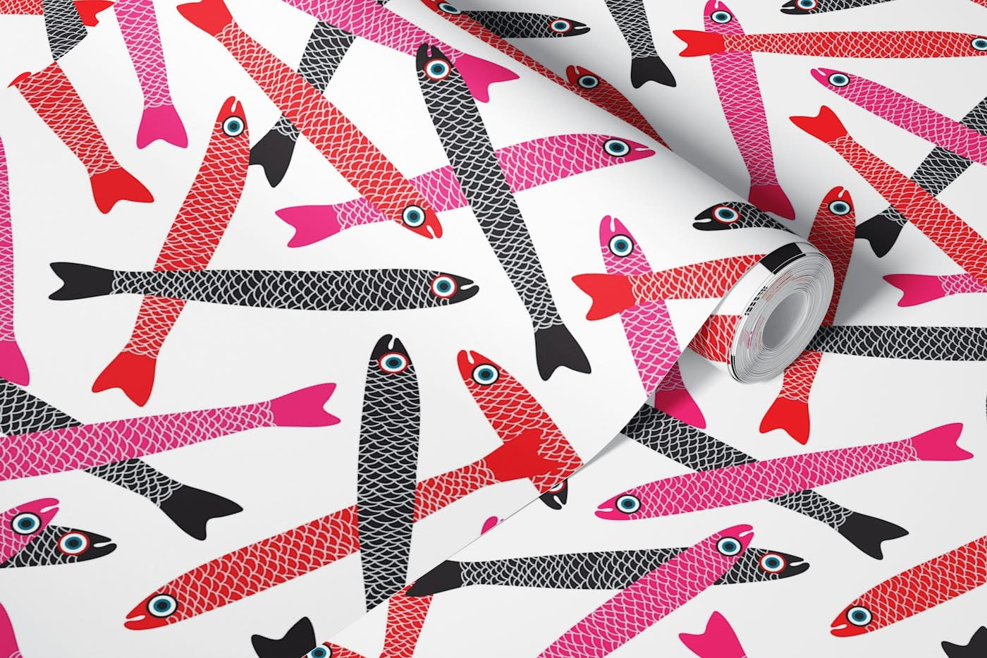 ANCHOVIES Retro Fish Tossed White wallpaper roll