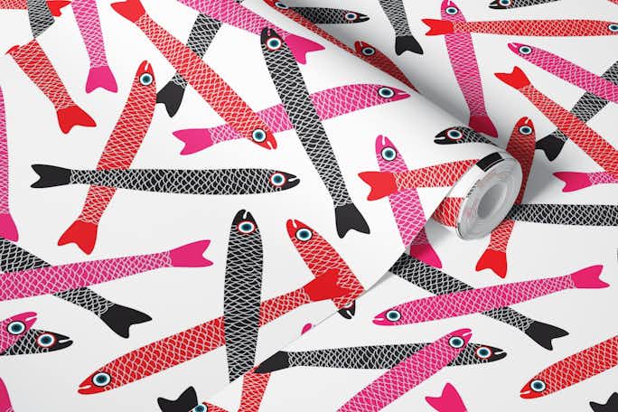 ANCHOVIES Retro Fish Tossed Whitewallpaper roll