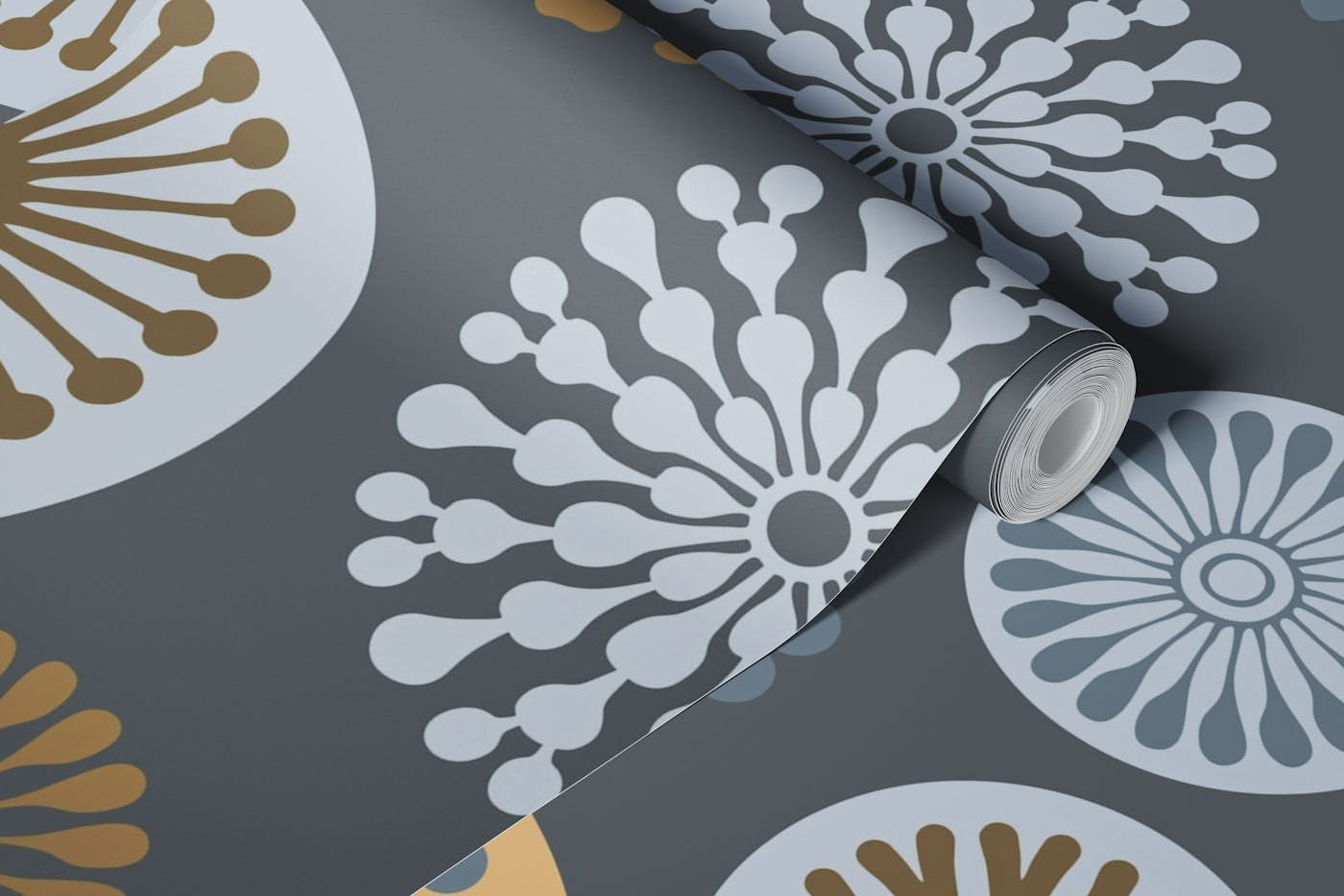 Retro Vibe Stylized Flowers Grey Beige wallpaper roll