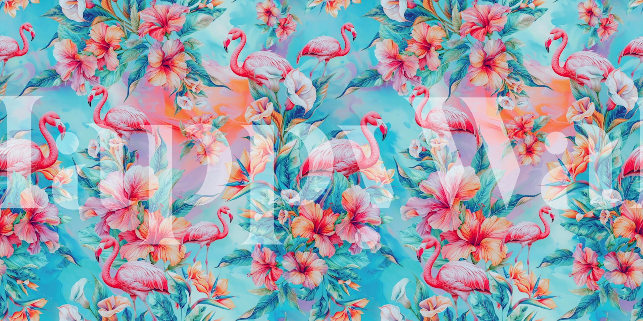 Tropical floral pattern with flamingos in pink and blue wallpaper