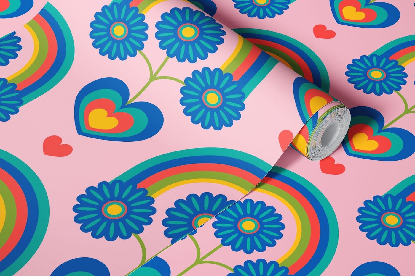 UNDER THE RAINBOW Retro Scandi Floral Pink wallpaper roll