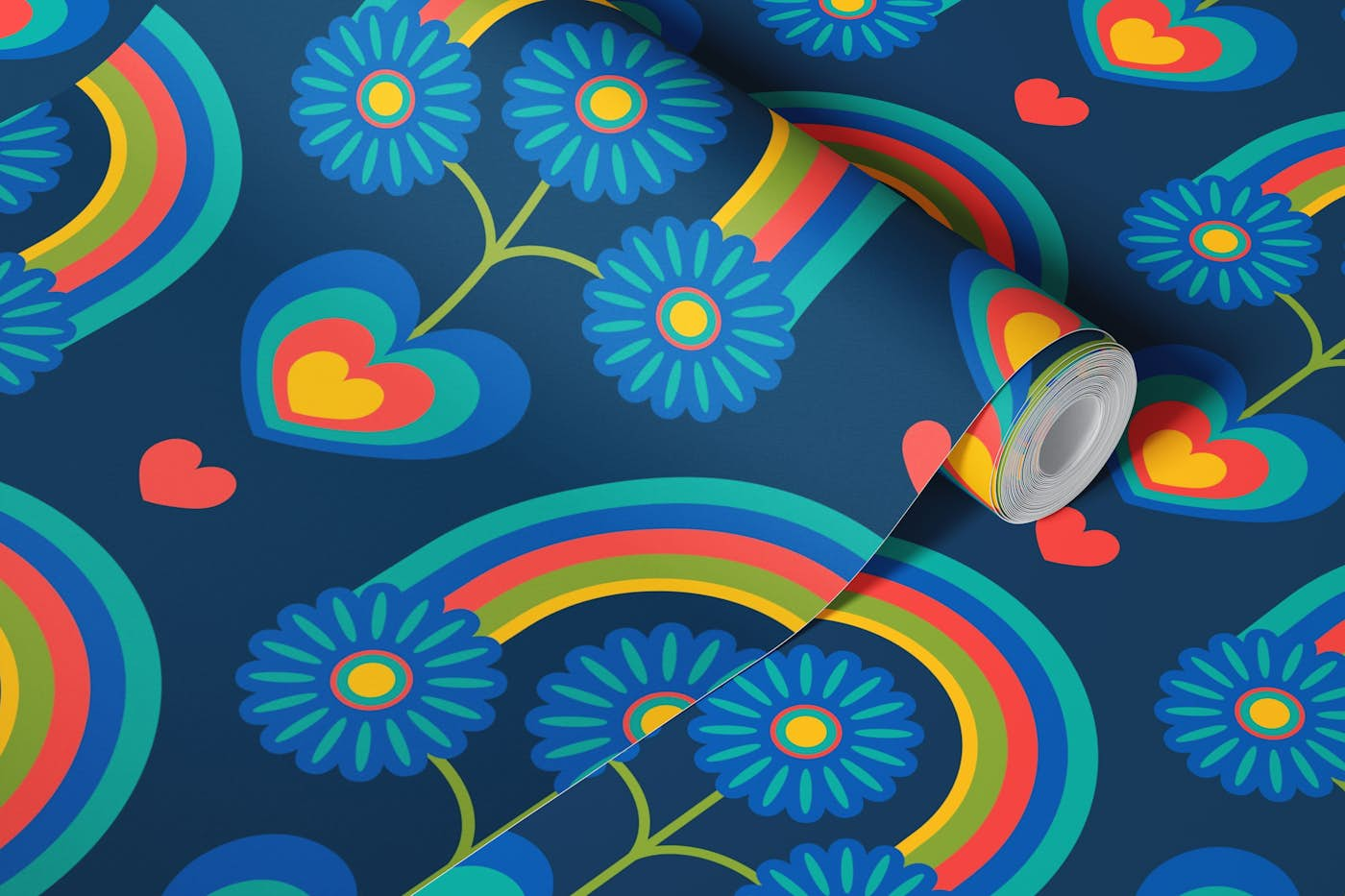 UNDER THE RAINBOW Retro Scandi Floral Blue wallpaper roll