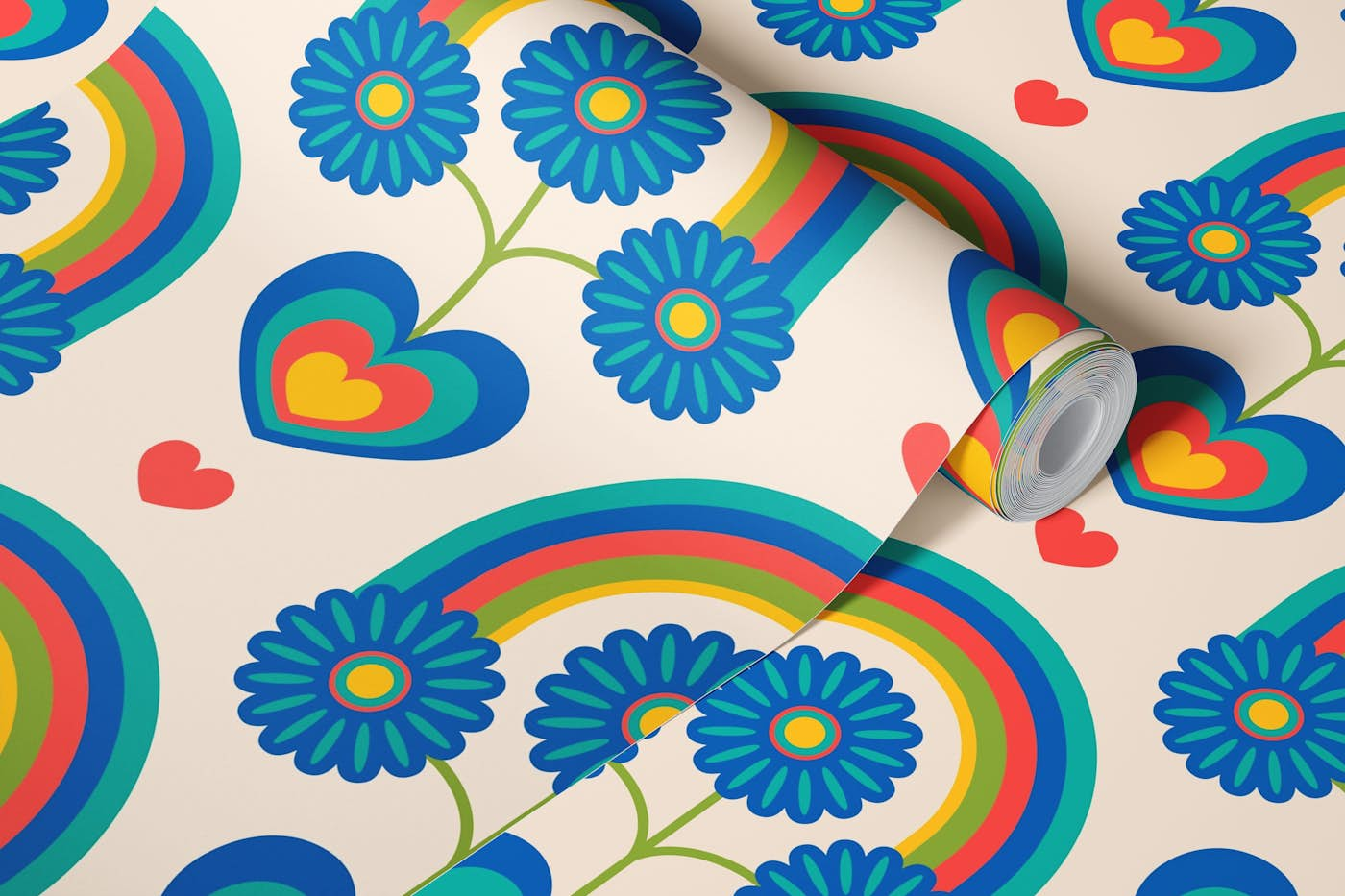 UNDER THE RAINBOW Retro Scandi Floral Cream wallpaper roll