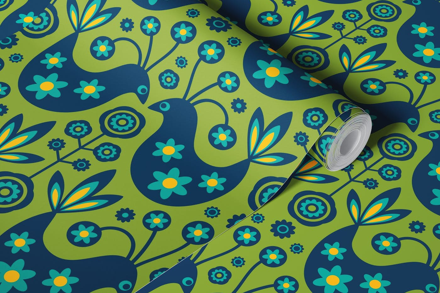 LOVE BIRDS Retro Scandi Floral Blue Green wallpaper roll