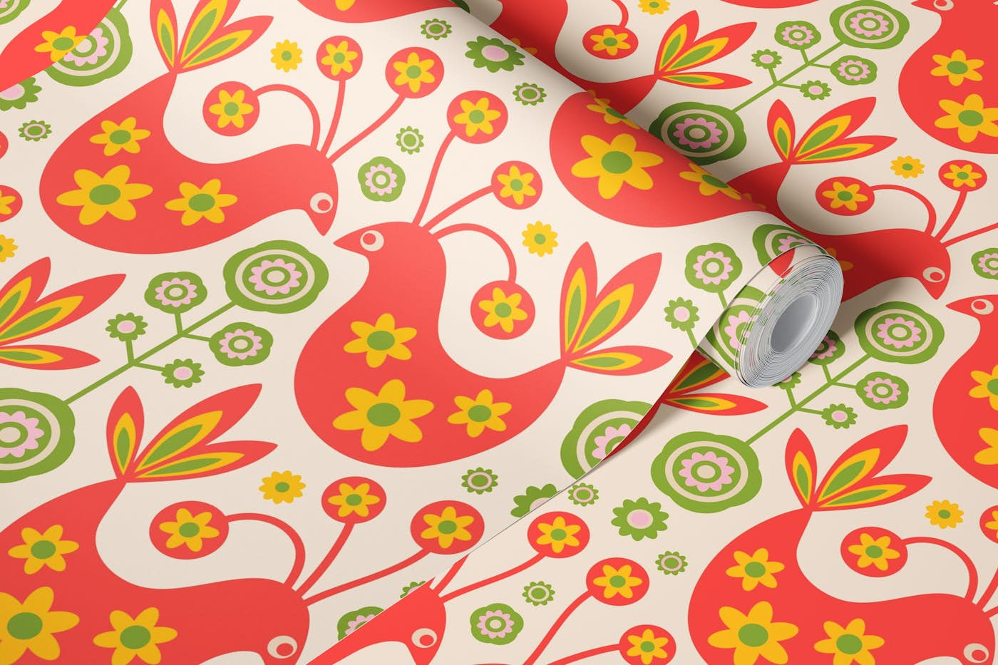 LOVE BIRDS Retro Scandi Floral Coral Cream wallpaper roll