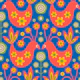 LOVE BIRDS Retro Scandi Floral Red Royal Blue