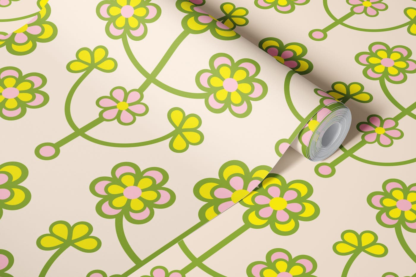 DAISY CHAIN Retro Scandi Floral Pink Green wallpaper roll