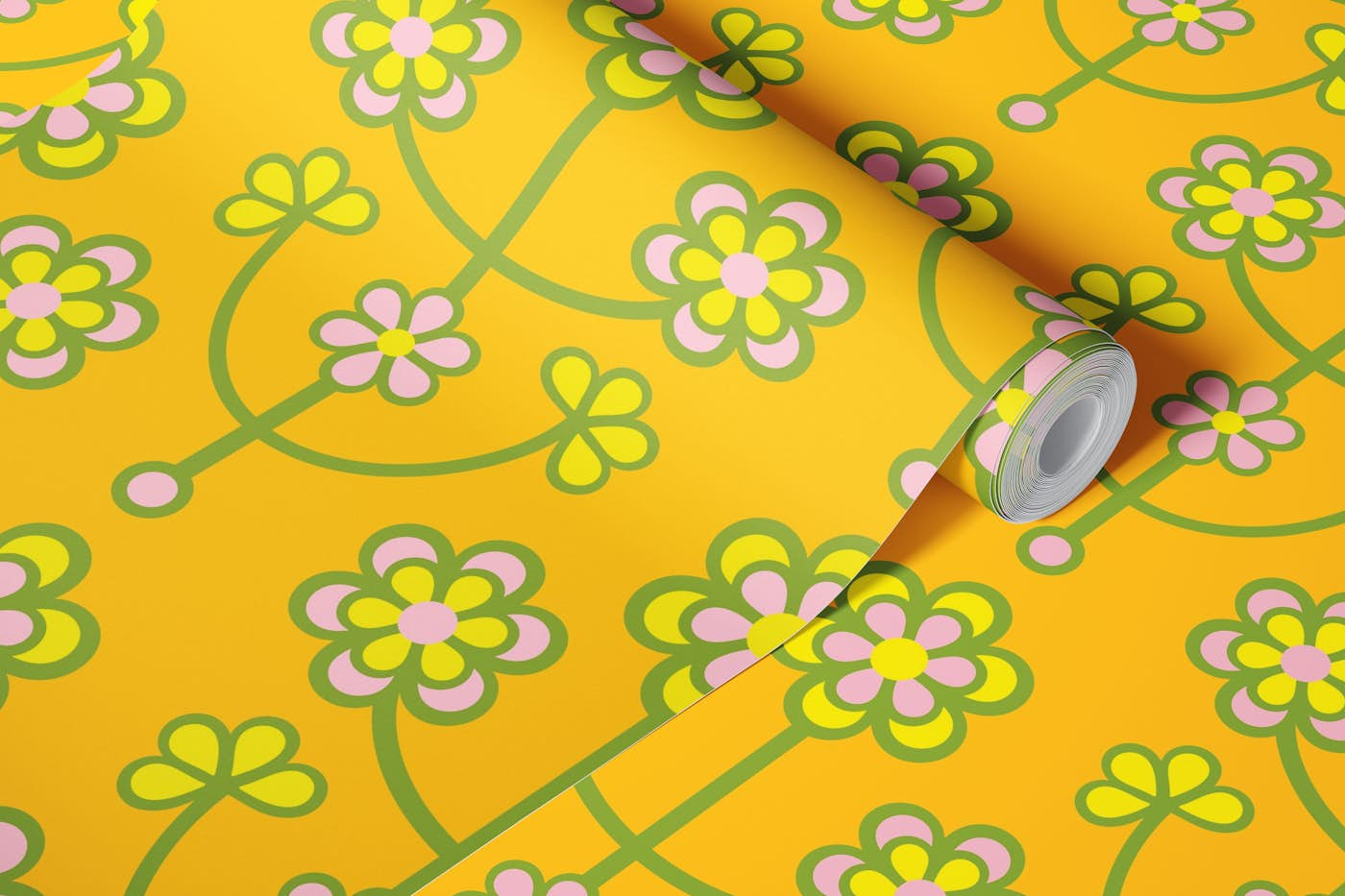 DAISY CHAIN Retro Scandi Floral Yellow wallpaper roll