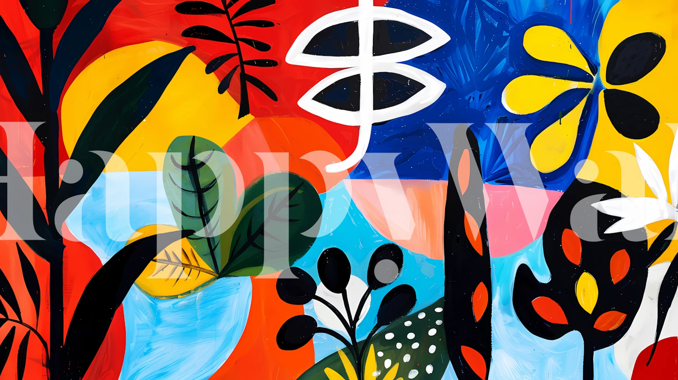 Colorful tropical floral motif wallpaper with vibrant colors and shapes