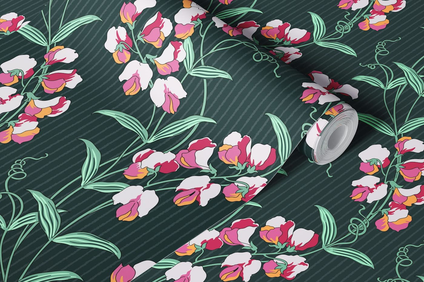 Vintage Pink Vine Flowers on Dark Green wallpaper roll