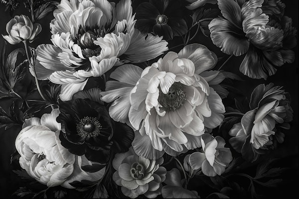 Baroque Maximalistic Flower Garden Greyscale