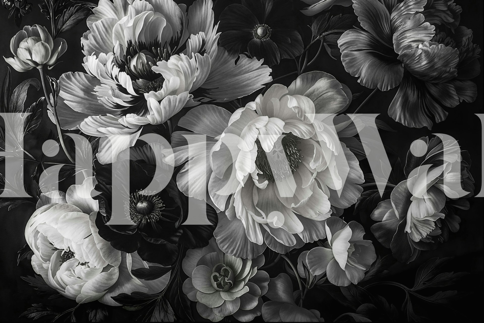 Greyscale flower garden wallpaper design