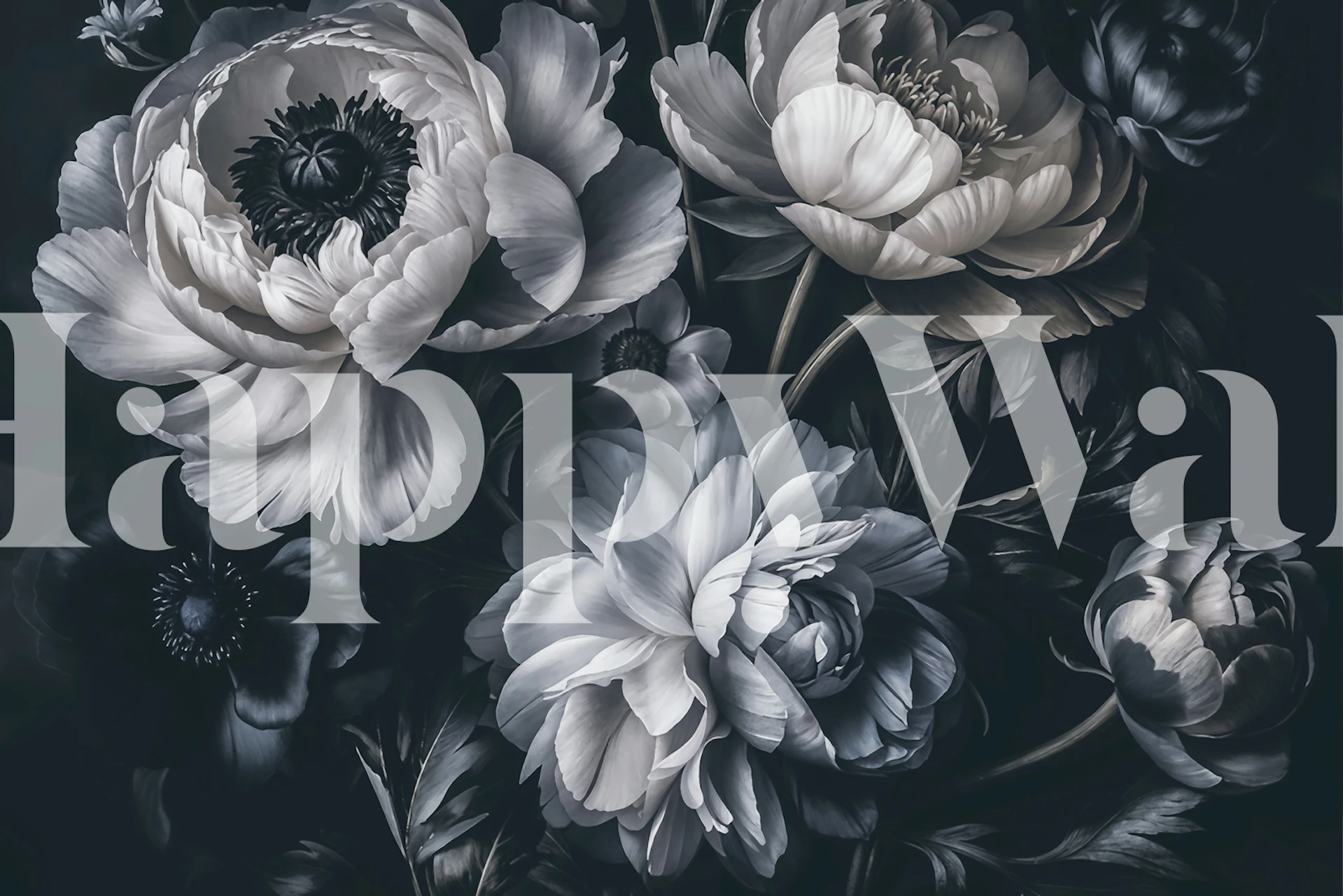 Black and white floral pattern wallpaper featuring anemone and peony flowers