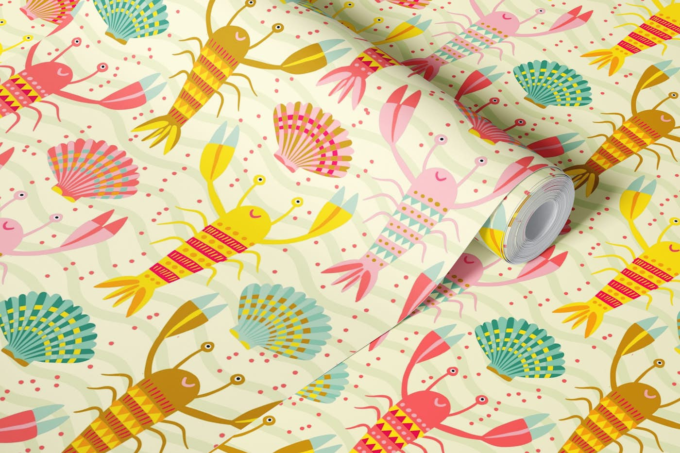 happy lobster parade with sea shells wallpaper roll