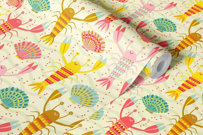 happy lobster parade with sea shellswallpaper roll