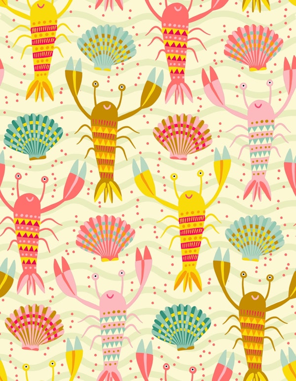 happy lobster parade with sea shells