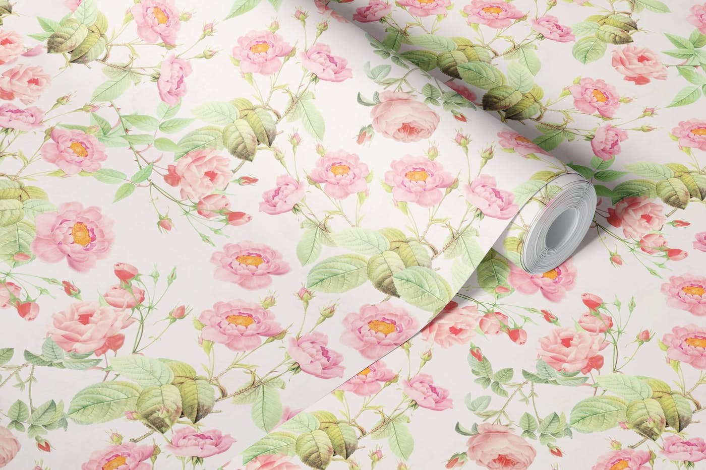 Vintage Pink Redouté Rose Garden wallpaper roll