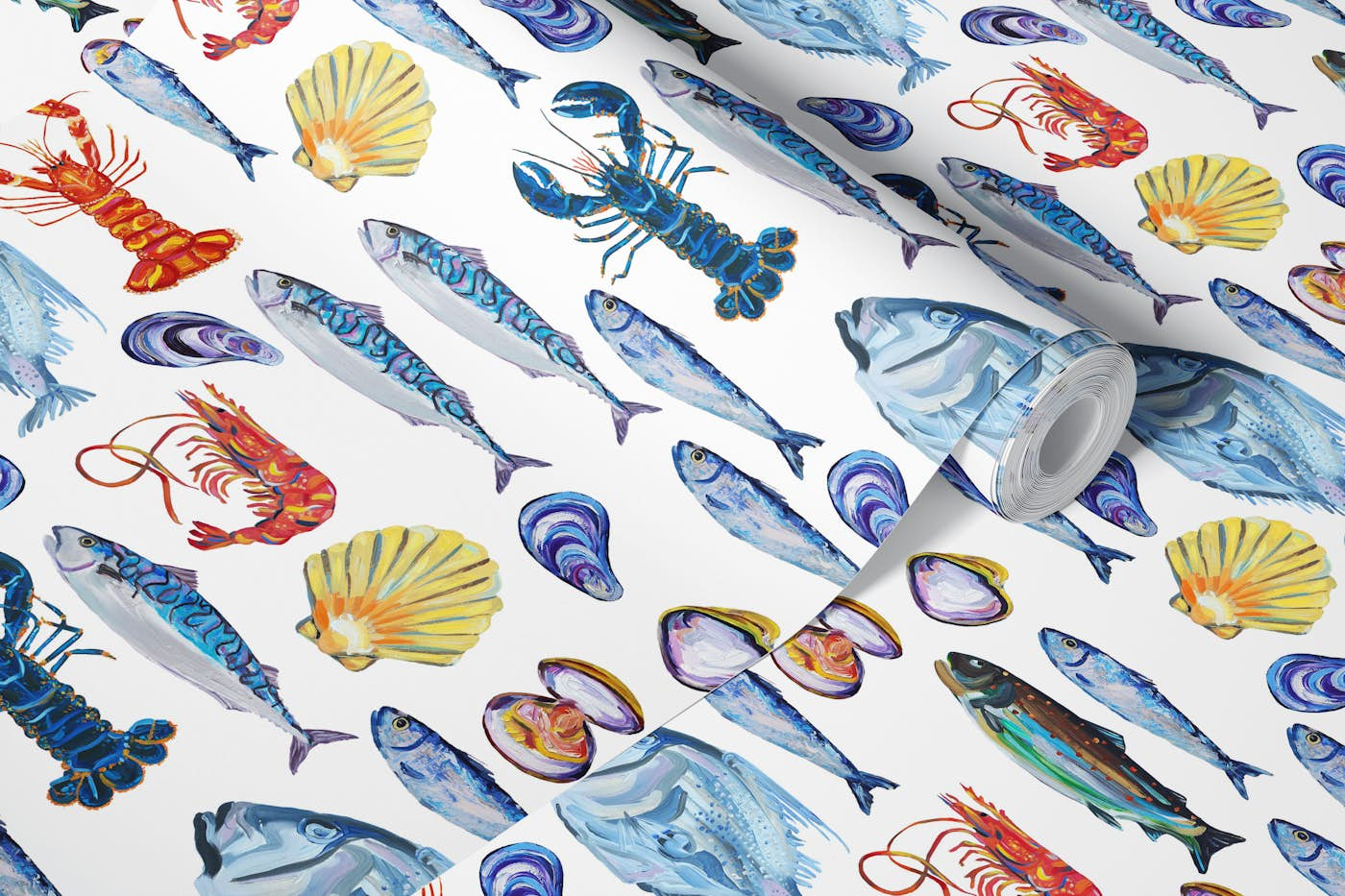 Shimmering Ocean Fish Scene on White wallpaper roll