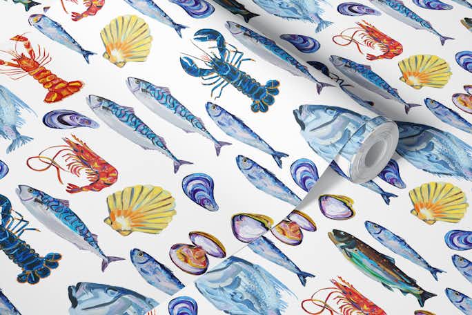 Shimmering Ocean Fish Scene on Whitewallpaper roll