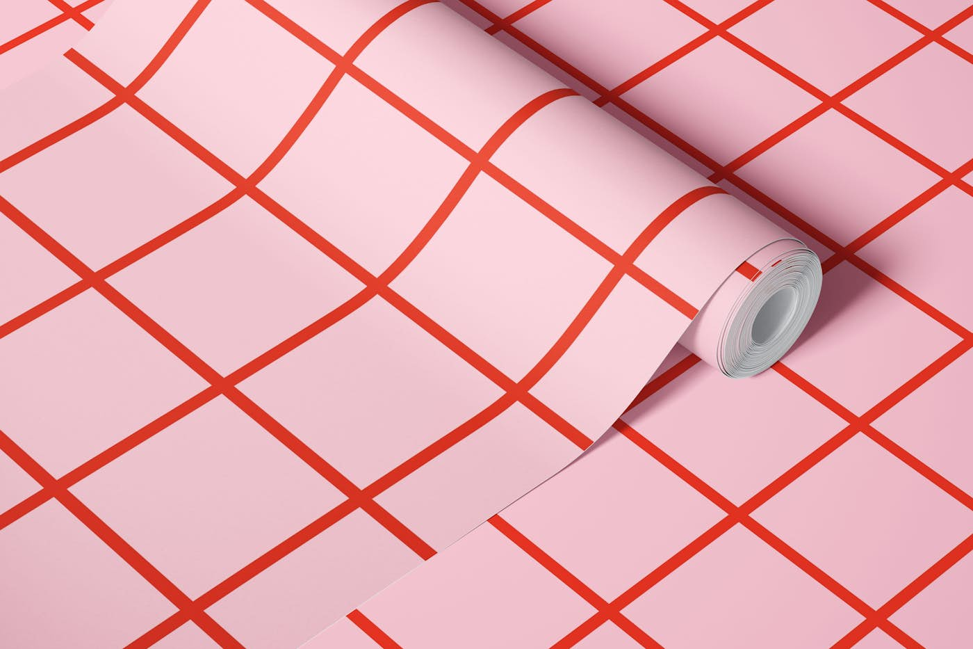 Red on pink Grid wallpaper roll