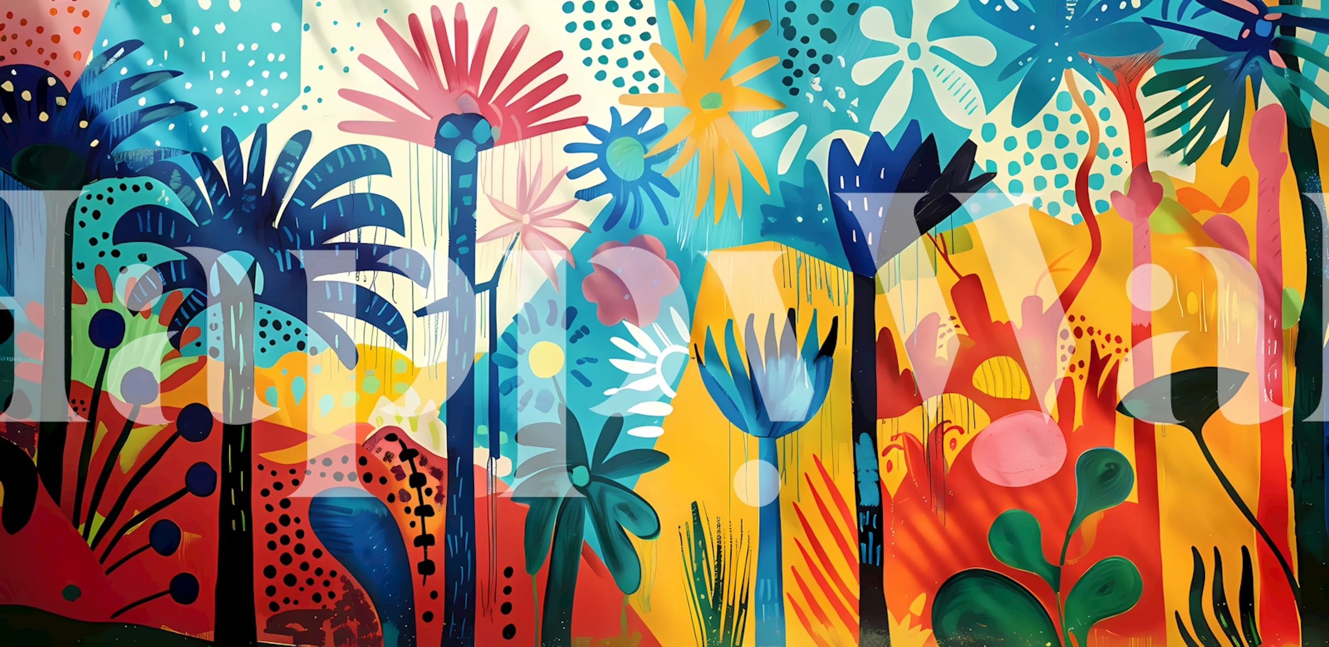 Colorful abstract tropical wall mural featuring palm tree silhouettes and exotic plants