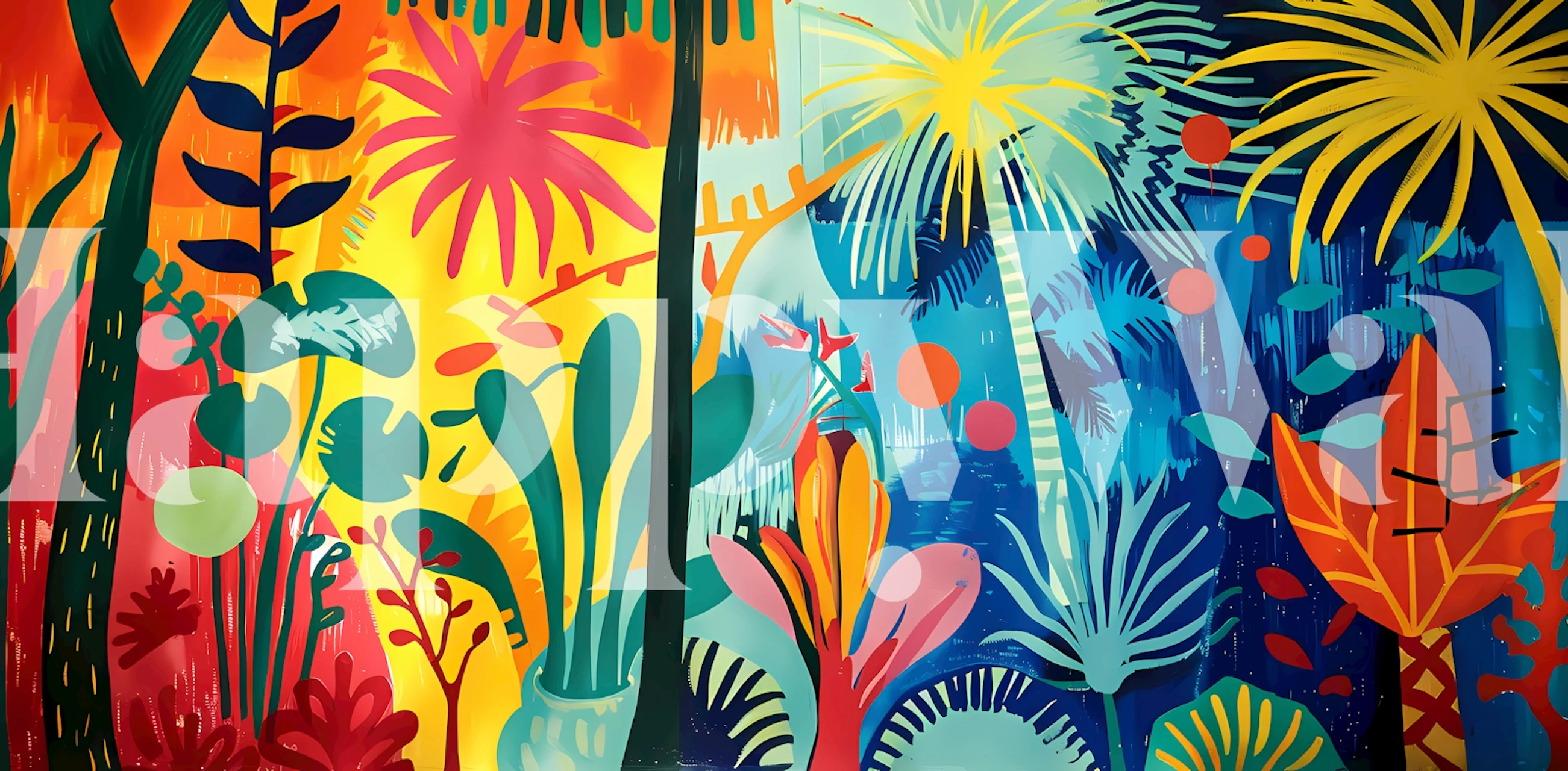 Värikäs trooppinen seinämaalaus taiteellisilla kukka- ja palmulehtikuvioilla