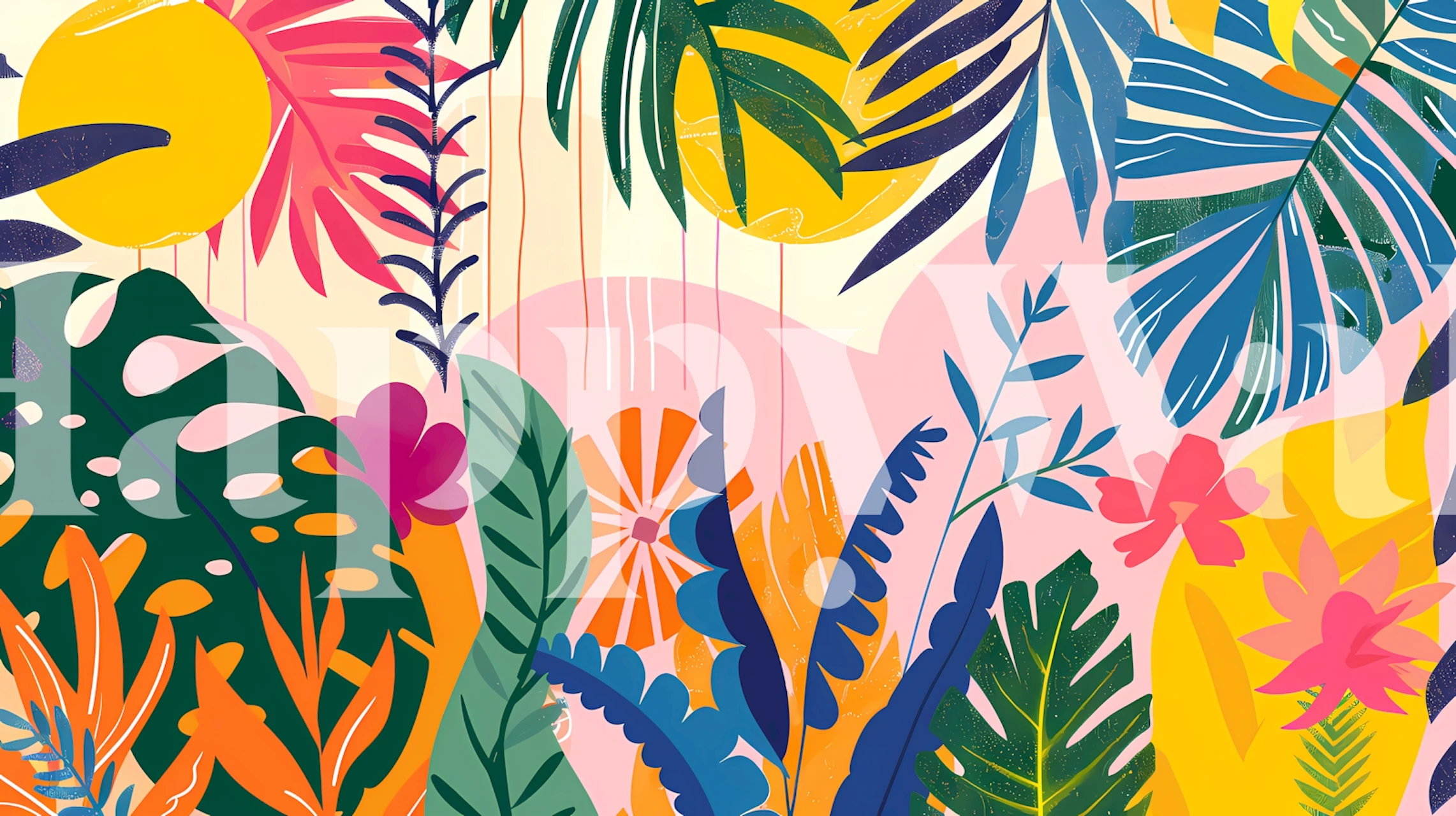 Vibrant tropical scenery wallpaper in a room