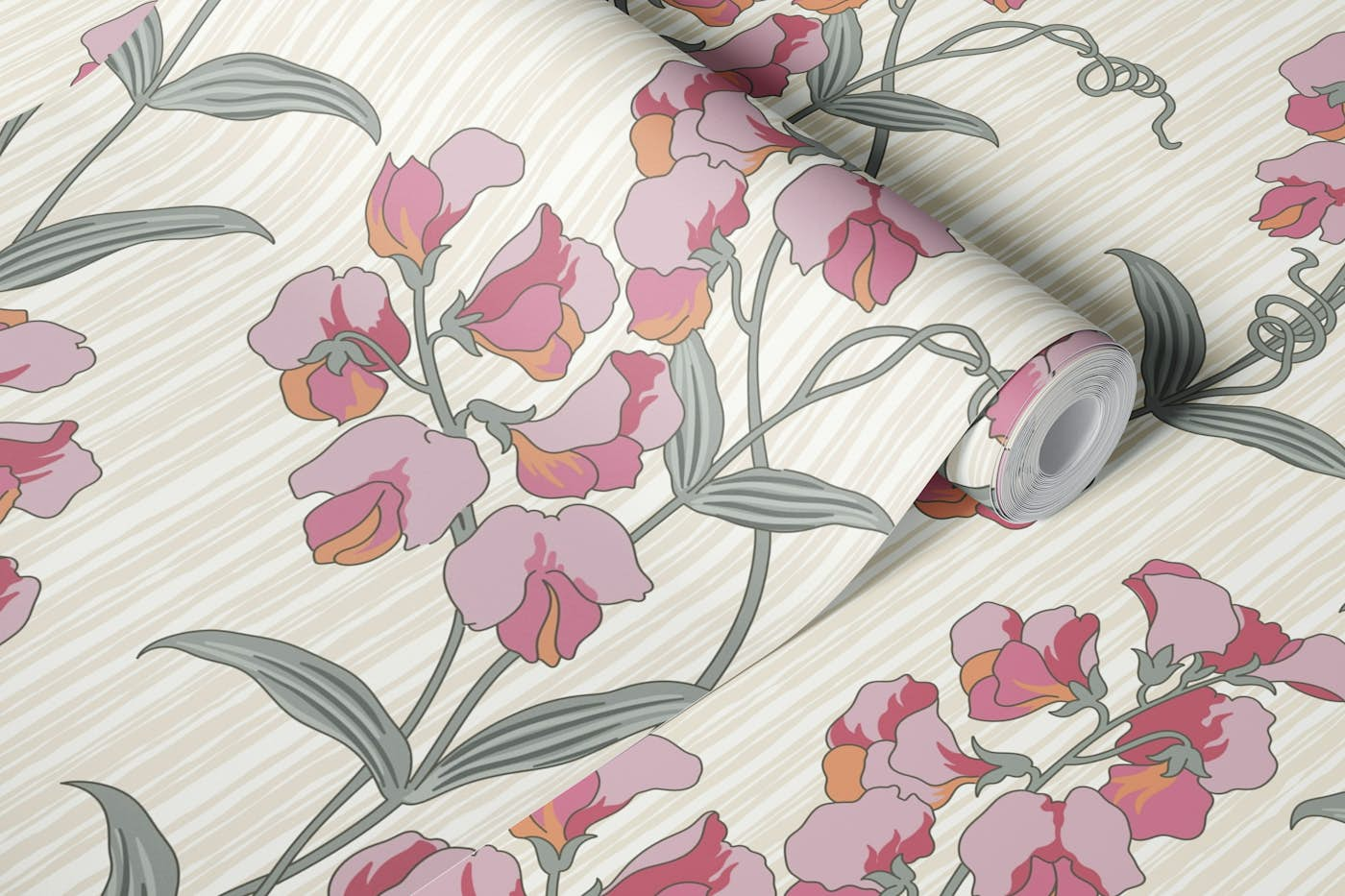 Vintage Pink Vine Flowers on Cream wallpaper roll